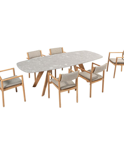 4 Seasons Outdoor Levi Stapelbares Essen + Montana Tisch Fass Keramik Terrazzo 240 cm Teak -Chassis