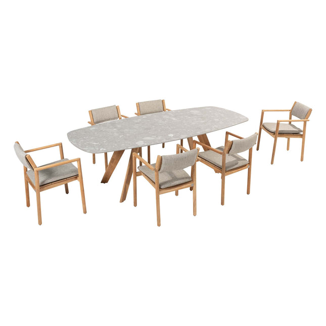 4 Seasons Outdoor Levi Stapelbares Essen + Montana Tisch Fass Keramik Terrazzo 240 cm Teak -Chassis