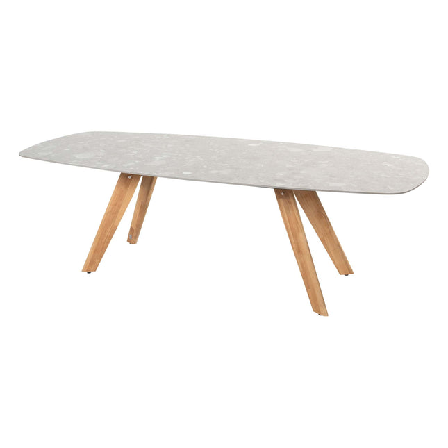 4 Seasons Outdoor Veneto dining olive + Montana tafel barrel teak onderstel met keramiek terrazzo 240 cm