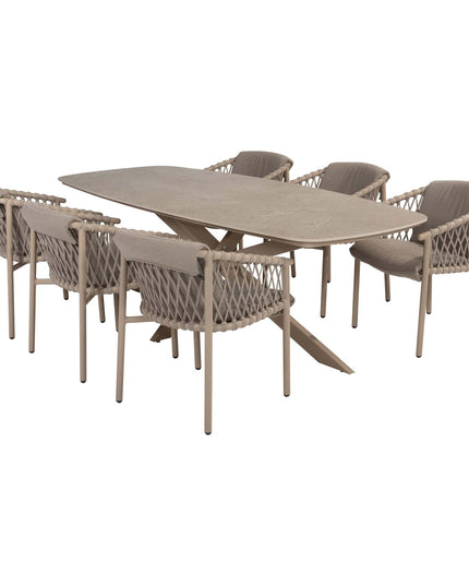 4 Seasons Outdoor Allora Essstuhl Latte + Geschmack 4SO Prado Tisch mit Keramiktisch Top Barrel Latte 240 cm