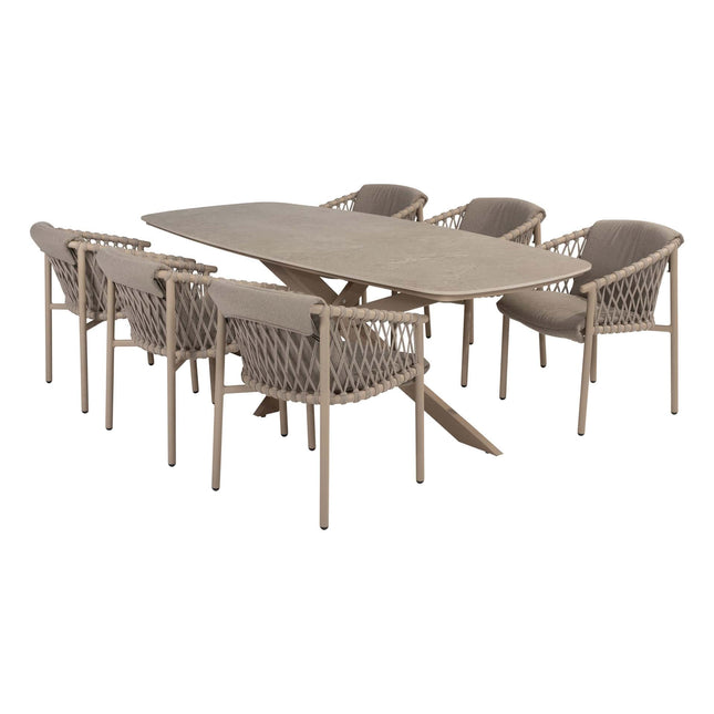 4 Seasons Outdoor Allora Essstuhl Latte + Geschmack 4SO Prado Tisch mit Keramiktisch Top Barrel Latte 240 cm