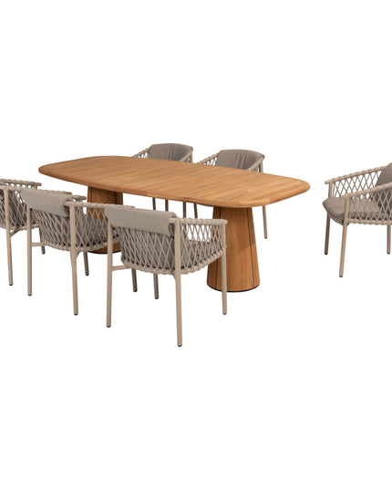 4 Seasons Outdoor Allora dining stoel latte + Taste 4SO Capri tafel barrel-vorm teak 240 cm