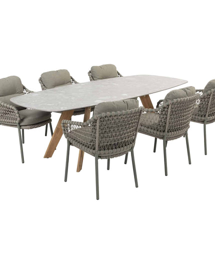 4 Seasons Outdoor Jura Dining + Montana Tisch Fass Keramik Terrazzo 240 cm Teak -Chassis