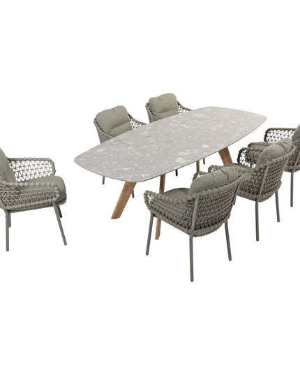 4 Seasons Outdoor Jura Dining + Montana Tisch Fass Keramik Terrazzo 240 cm Teak -Chassis