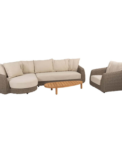 4 Seasons Outdoor Maxime chaise lounge bank + loungestoel + Finn salontafel kiezel-vorm