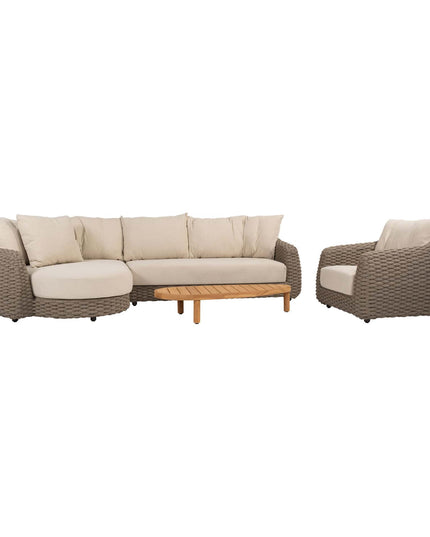 4 Seasons Outdoor Maxime chaise lounge bank + loungestoel + Finn salontafel kiezel-vorm