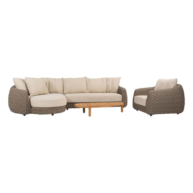 4 Seasons Outdoor Maxime chaise lounge bank + loungestoel + Finn salontafel kiezel-vorm