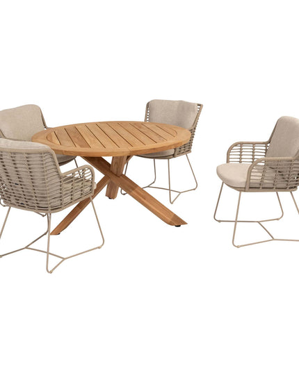 4 Seasons Outdoor Fabrice dining stoel latte + Taste 4SO Prado teak tafel 130 Ø cm teak onderstel
