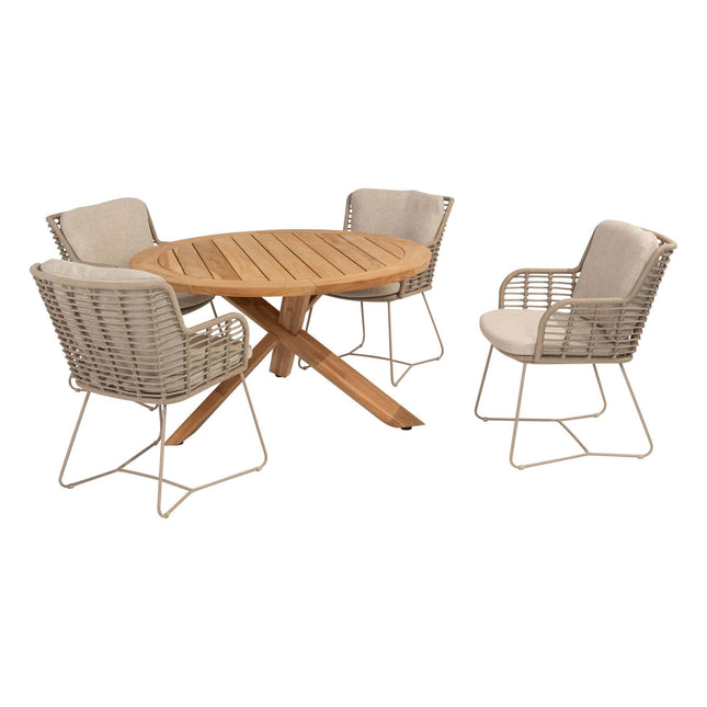 4 Seasons Outdoor Fabrice Essstuhl Latte + Geschmack 4SO Prado Teaktisch 130 Ø CM Teak -Teakbasis