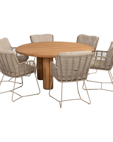 4 Seasons Outdoor Fabrice dining stoel latte + Taste 4SO Corsica tafel teak 160 Ø cm