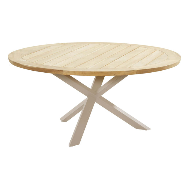Taste 4SO Manitoba stapelbare dining stoel latte + Prado teak tafel 160 Ø cm latte onderstel