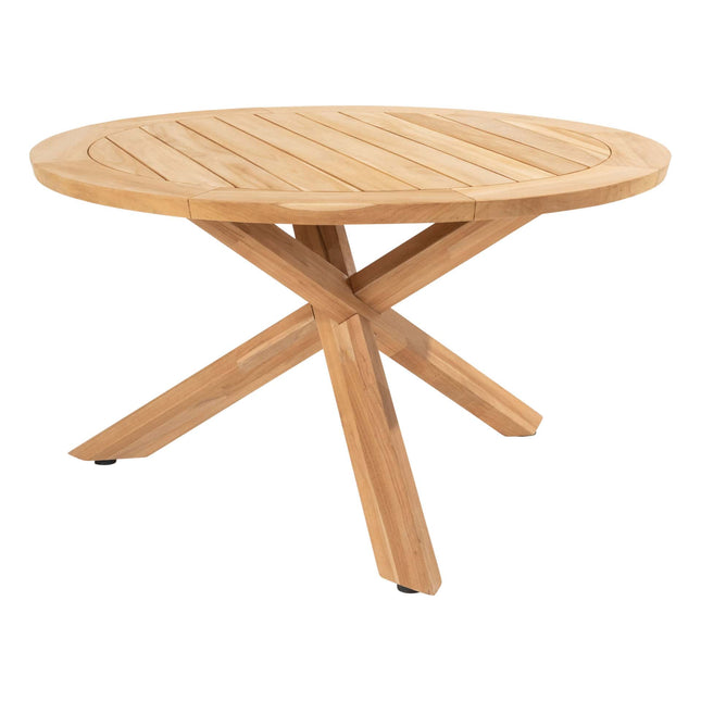 Taste 4SO Manitoba stapelbare dining stoel olive + Prado teak tafel 130 Ø cm teak onderstel