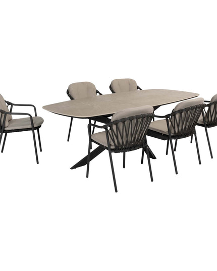 Taste 4SO Manitoba Stapelbare Essstuhl Anthrazit + Prado Tisch mit Keramik -Tisch -Top -Lauf Anthrazit 240 cm