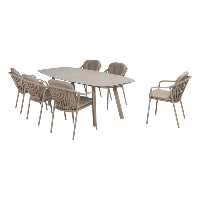 Taste 4SO Manitoba stapelbare dining stoel latte + Manolo tafel latte met geprint keramiek tafelblad 240 cm