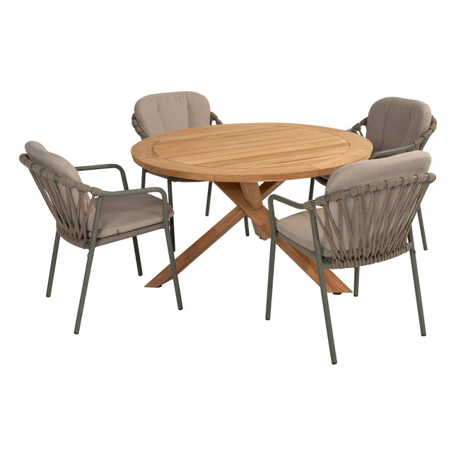 Taste 4SO Manitoba stapelbare dining stoel olive + Prado teak tafel 130 Ø cm teak onderstel