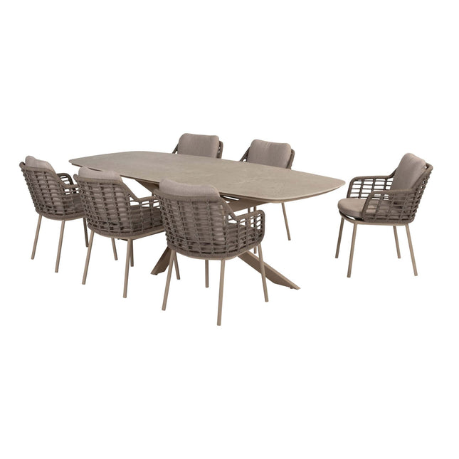 Taste 4, also Puglia Essstuhl + Prado -Tisch mit Keramiktisch -Top -Fass -Latte 240 cm