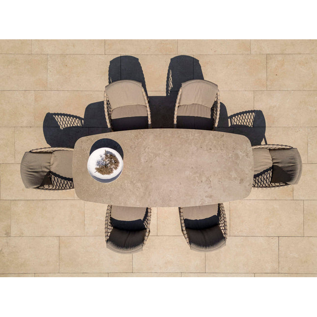 4 Seasons Outdoor Allora Essstuhl Latte + Geschmack 4SO Prado Tisch mit Keramiktisch Top Barrel Latte 240 cm