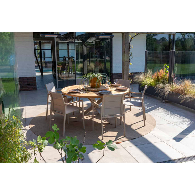 Taste 4SO Cortina dining + Prado teak tafel 160 Ø cm latte onderstel