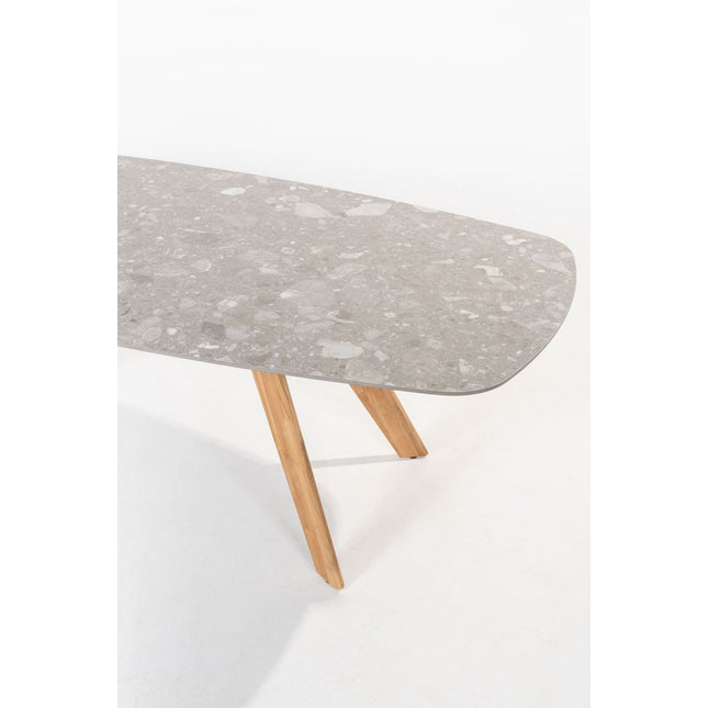4 Seasons Outdoor Montana tafel barrel keramiek terrazzo 240 x 103 cm teak onderstel