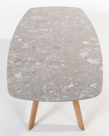 4 Seasons Outdoor Jura Dining + Montana Tisch Fass Keramik Terrazzo 240 cm Teak -Chassis