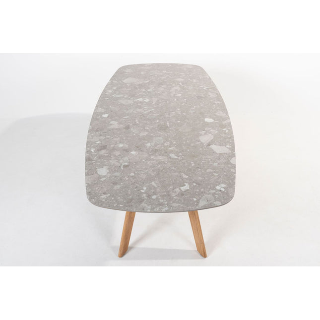 4 Seasons Outdoor Montana tafel barrel keramiek terrazzo 240 x 103 cm teak onderstel