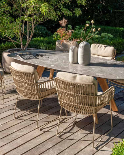 4 Seasons Outdoor Murcia Dining Latte + Montana Tisch Fass Keramik Terrazzo 240 cm Teak -Chassis