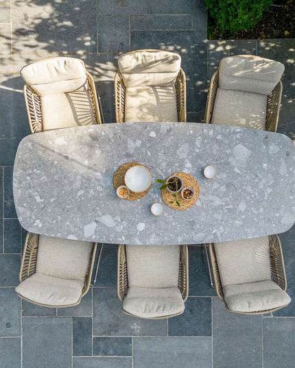 4 Seasons Outdoor Murcia Dining Latte + Montana Tisch Fass Keramik Terrazzo 240 cm Teak -Chassis